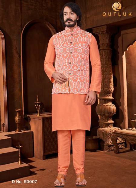 Orange Colour Festive Wear Kurta Pajama With Jacket Mens Collection 50007